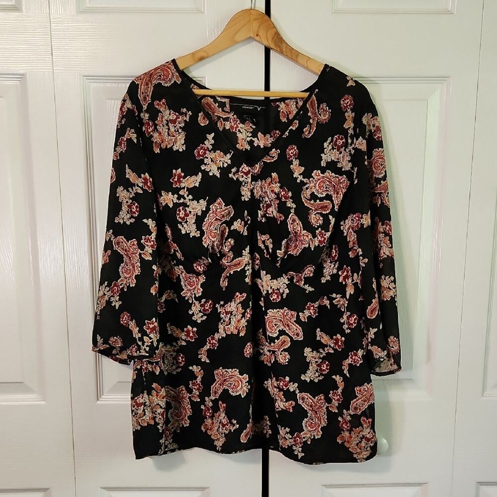 Venezia‎ Womens Black Floral Babydoll Blouse Size 18/20 Sheer Dark Romantic